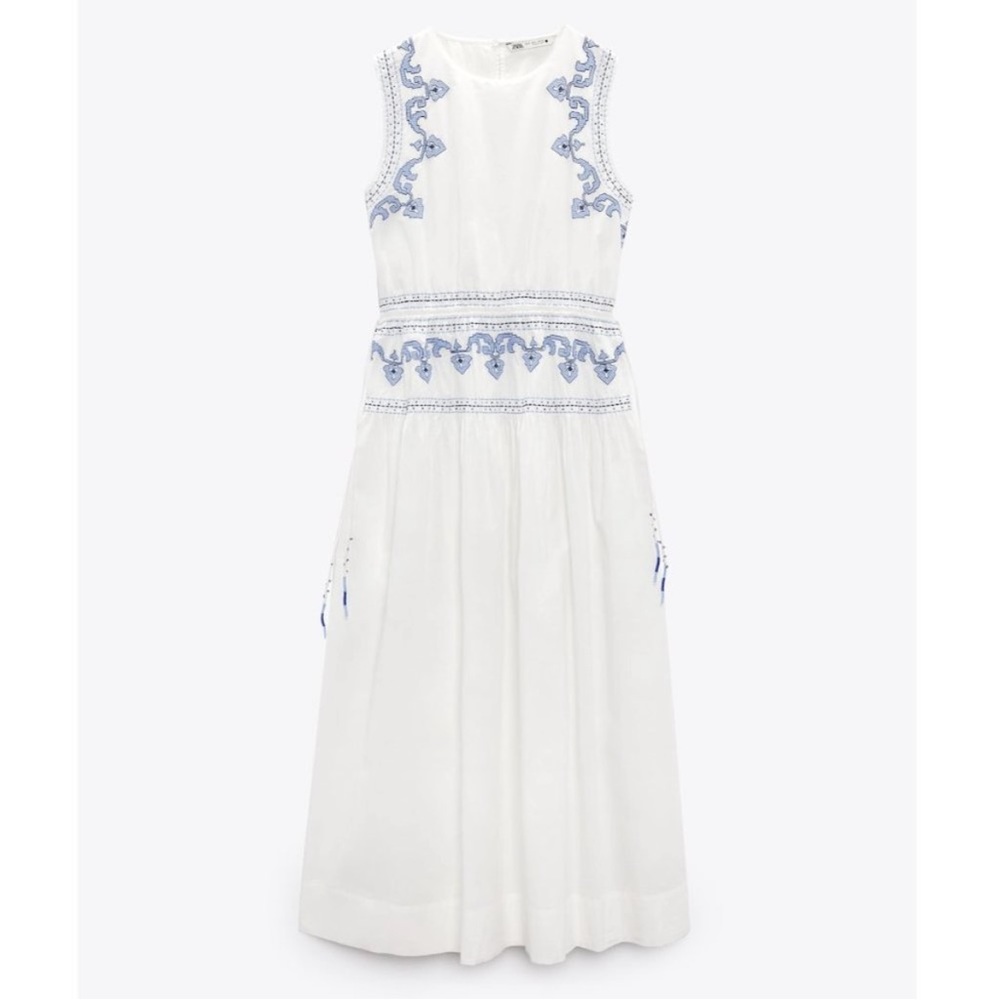 ZARA NWT WOMAN EMBROIDERED MIDI DRESS WHITE BLUE